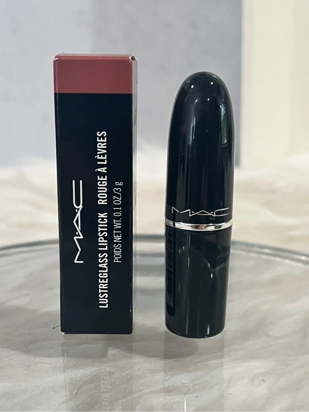 NEW MAC Cosmetics Lustreglass Sheer Shine Lipstick Hug Me 508 Blushed Nude